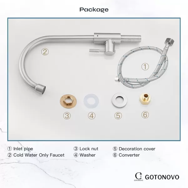imagegotonovo Stainless Steel Cold Water Kitchen Sink Faucet Brushed Nickel Bathroom Single Handle Bar Faucet Faucet Single Temperature Water Only Silver RotatableElbow