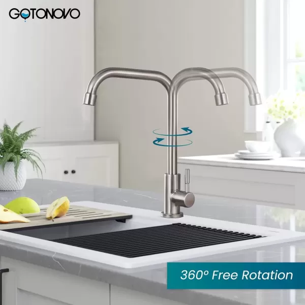 imagegotonovo Stainless Steel Cold Water Kitchen Sink Faucet Brushed Nickel Bathroom Single Handle Bar Faucet Faucet Single Temperature Water Only Silver RotatableStraight