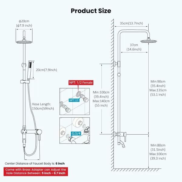 imagegotonovo Stainless Steel SUS304 Shower Faucet 8 Inch Rainfall Shower Head Cylinder Handle Brushed Nickel Exposed Shower Fixture Wall Mount Shower System With Hand SprayMatte Black