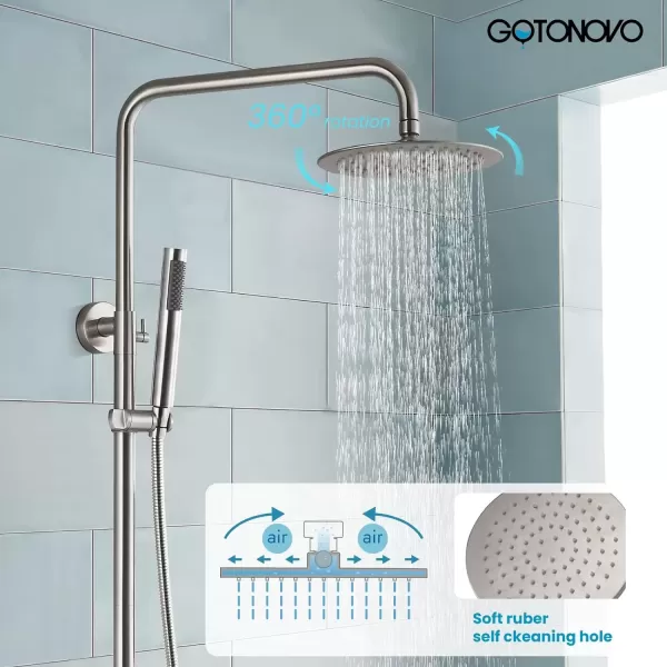 imagegotonovo Stainless Steel SUS304 Shower Faucet 8 Inch Rainfall Shower Head Cylinder Handle Brushed Nickel Exposed Shower Fixture Wall Mount Shower System With Hand SprayBrushed Nickel