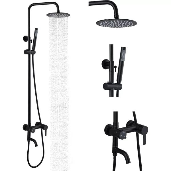 imagegotonovo Stainless Steel SUS304 Shower Faucet 8 Inch Rainfall Shower Head Cylinder Handle Brushed Nickel Exposed Shower Fixture Wall Mount Shower System With Hand SprayMatte Black