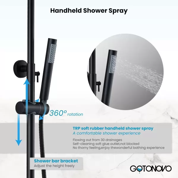 imagegotonovo Stainless Steel SUS304 Shower Faucet 8 Inch Rainfall Shower Head Cylinder Handle Brushed Nickel Exposed Shower Fixture Wall Mount Shower System With Hand SprayMatte Black