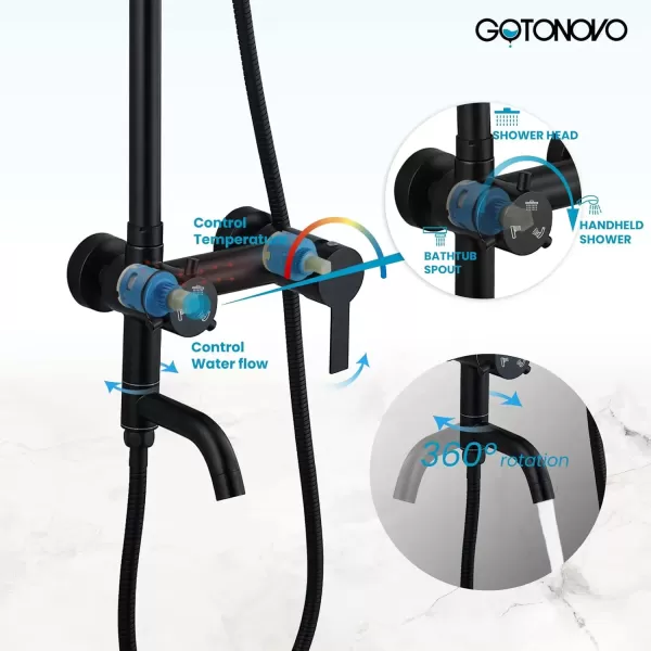 imagegotonovo Stainless Steel SUS304 Shower Faucet 8 Inch Rainfall Shower Head Cylinder Handle Brushed Nickel Exposed Shower Fixture Wall Mount Shower System With Hand SprayMatte Black