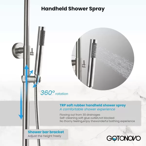 imagegotonovo Stainless Steel SUS304 Shower Faucet 8 Inch Rainfall Shower Head Cylinder Handle Brushed Nickel Exposed Shower Fixture Wall Mount Shower System With Hand SprayBrushed Nickel