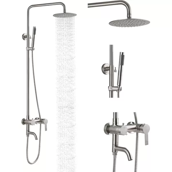 imagegotonovo Stainless Steel SUS304 Shower Faucet 8 Inch Rainfall Shower Head Cylinder Handle Brushed Nickel Exposed Shower Fixture Wall Mount Shower System With Hand SprayBrushed Nickel