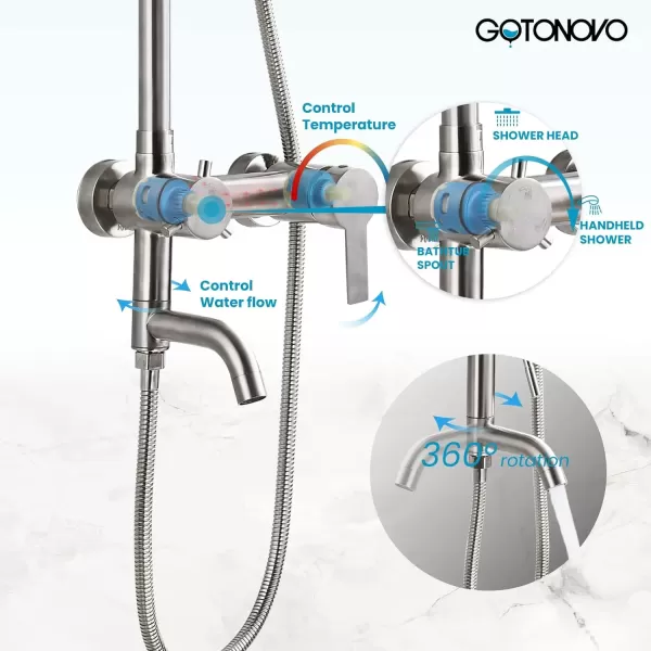 imagegotonovo Stainless Steel SUS304 Shower Faucet 8 Inch Rainfall Shower Head Cylinder Handle Brushed Nickel Exposed Shower Fixture Wall Mount Shower System With Hand SprayBrushed Nickel