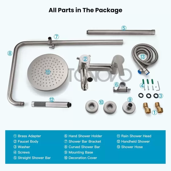 imagegotonovo Stainless Steel SUS304 Shower Faucet 8 Inch Rainfall Shower Head Cylinder Handle Brushed Nickel Exposed Shower Fixture Wall Mount Shower System With Hand SprayBrushed Nickel