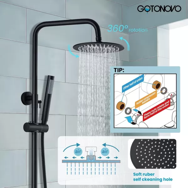 imagegotonovo Stainless Steel SUS304 Shower Faucet 8 Inch Rainfall Shower Head Cylinder Handle Brushed Nickel Exposed Shower Fixture Wall Mount Shower System With Hand SprayMatte Black