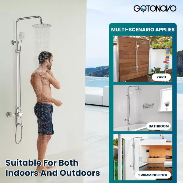imagegotonovo Stainless Steel SUS304 Silver Shower faucet Set Wall Mount Triple Function Shower System 8 inches Shower Head Bathroom Adjustable Hand Spray Rainfall Brushed Nickel Shower Faucet Complete SetBrushed Nickel