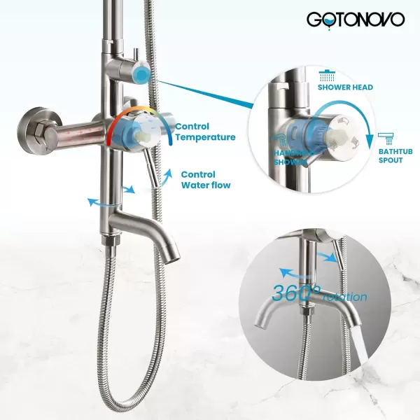 imagegotonovo Stainless Steel SUS304 Silver Shower faucet Set Wall Mount Triple Function Shower System 8 inches Shower Head Bathroom Adjustable Hand Spray Rainfall Brushed Nickel Shower Faucet Complete SetBrushed Nickel