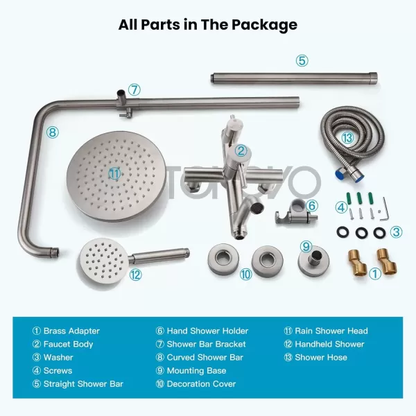 imagegotonovo Stainless Steel SUS304 Silver Shower faucet Set Wall Mount Triple Function Shower System 8 inches Shower Head Bathroom Adjustable Hand Spray Rainfall Brushed Nickel Shower Faucet Complete SetBrushed Nickel