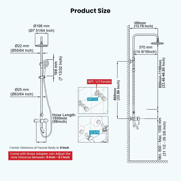 imagegotonovo Stainless Steel SUS304 Silver Shower faucet Set Wall Mount Triple Function Shower System 8 inches Shower Head Bathroom Adjustable Hand Spray Rainfall Brushed Nickel Shower Faucet Complete SetMatte Black