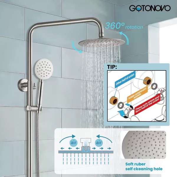 imagegotonovo Stainless Steel SUS304 Silver Shower faucet Set Wall Mount Triple Function Shower System 8 inches Shower Head Bathroom Adjustable Hand Spray Rainfall Brushed Nickel Shower Faucet Complete SetBrushed Nickel