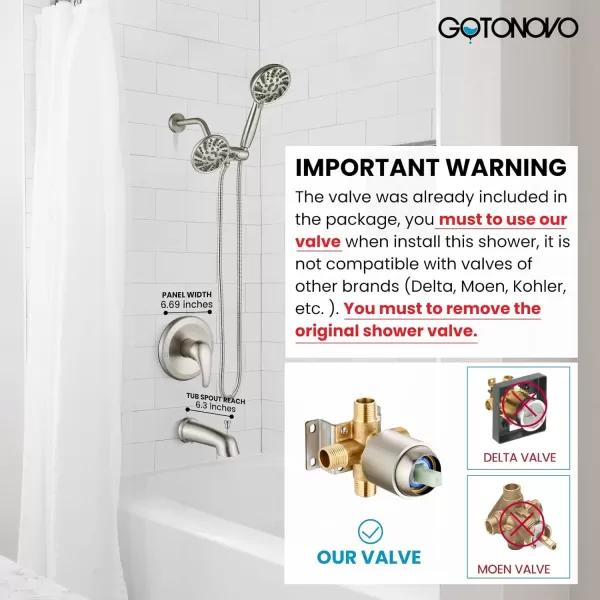 imagegotonovo Tub Shower Faucet Set Bathroom Shower Head Kit High Pressure Shower Faucet 6 Modes ABS Handheld Spray Valve and Shower Trim Kit Shower Head and Handle Set Brushed NickelBrushed Nickel
