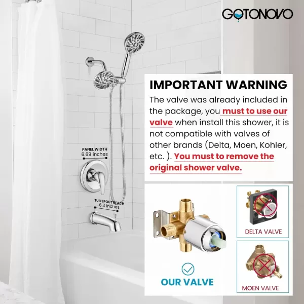 imagegotonovo Tub Shower Faucet Set Bathroom Shower Head Kit High Pressure Shower Faucet 6 Modes ABS Handheld Spray Valve and Shower Trim Kit Shower Head and Handle Set Brushed NickelPolished Chrome