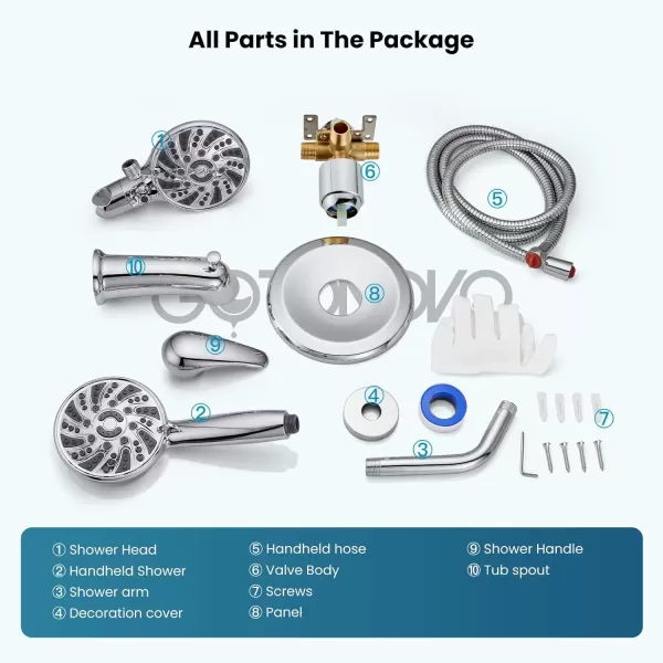 imagegotonovo Tub Shower Faucet Set Bathroom Shower Head Kit High Pressure Shower Faucet 6 Modes ABS Handheld Spray Valve and Shower Trim Kit Shower Head and Handle Set Brushed NickelPolished Chrome