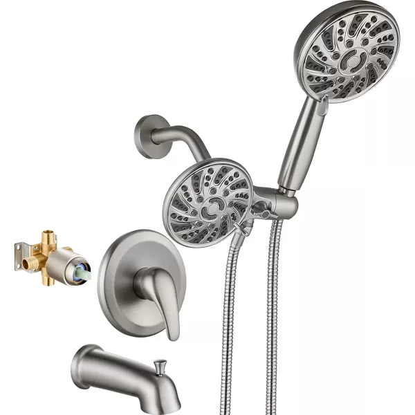 imagegotonovo Tub Shower Faucet Set Bathroom Shower Head Kit High Pressure Shower Faucet 6 Modes ABS Handheld Spray Valve and Shower Trim Kit Shower Head and Handle Set Brushed NickelBrushed Nickel