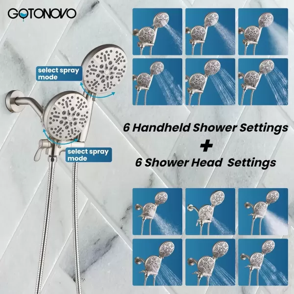imagegotonovo Tub Shower Faucet Set2 in 1 Dual Shower Head and Handle Set with Tub Spout Wall Mount Bathroom Shower Trim Kit with 3way Water Diverter Valve Included Various Modes Matte BlackBrushed Nickel
