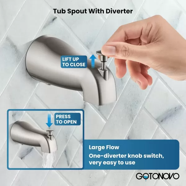 imagegotonovo Tub Shower Faucet Set2 in 1 Dual Shower Head and Handle Set with Tub Spout Wall Mount Bathroom Shower Trim Kit with 3way Water Diverter Valve Included Various Modes Matte BlackBrushed Nickel