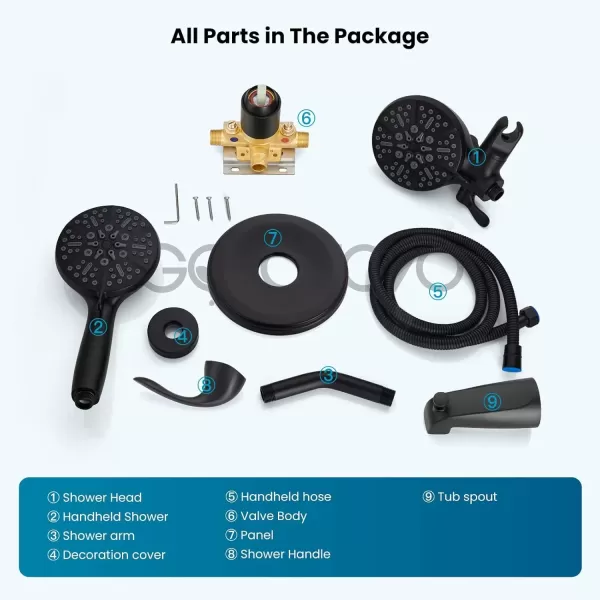 imagegotonovo Tub Shower Faucet Set2 in 1 Dual Shower Head and Handle Set with Tub Spout Wall Mount Bathroom Shower Trim Kit with 3way Water Diverter Valve Included Various Modes Matte BlackMatte Black
