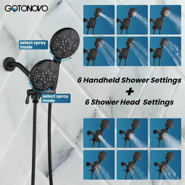 imagegotonovo Tub Shower Faucet Set2 in 1 Dual Shower Head and Handle Set with Tub Spout Wall Mount Bathroom Shower Trim Kit with 3way Water Diverter Valve Included Various Modes Matte BlackMatte Black