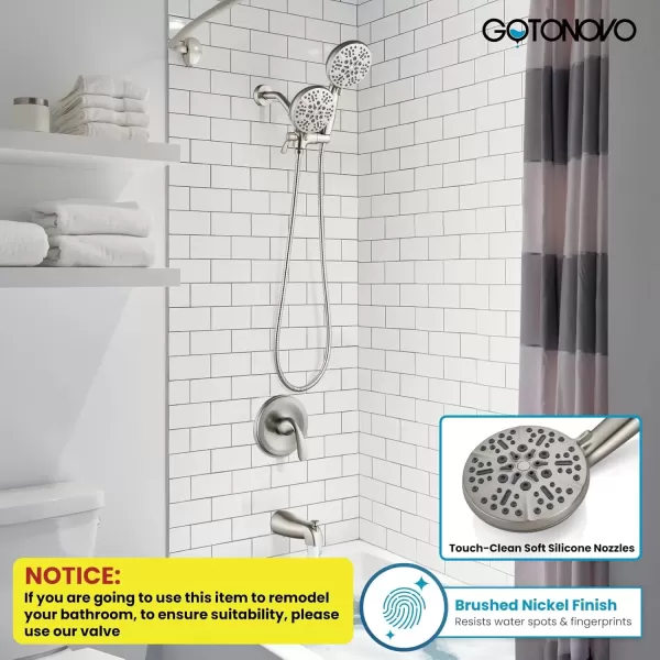 imagegotonovo Tub Shower Faucet Set2 in 1 Dual Shower Head and Handle Set with Tub Spout Wall Mount Bathroom Shower Trim Kit with 3way Water Diverter Valve Included Various Modes Matte BlackBrushed Nickel