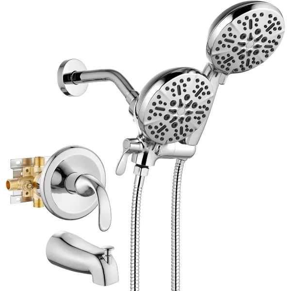 imagegotonovo Tub Shower Faucet Set2 in 1 Dual Shower Head and Handle Set with Tub Spout Wall Mount Bathroom Shower Trim Kit with 3way Water Diverter Valve Included Various Modes Matte BlackPolished Chrome
