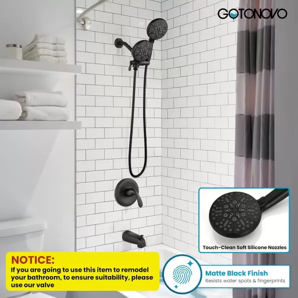 imagegotonovo Tub Shower Faucet Set2 in 1 Dual Shower Head and Handle Set with Tub Spout Wall Mount Bathroom Shower Trim Kit with 3way Water Diverter Valve Included Various Modes Matte BlackMatte Black