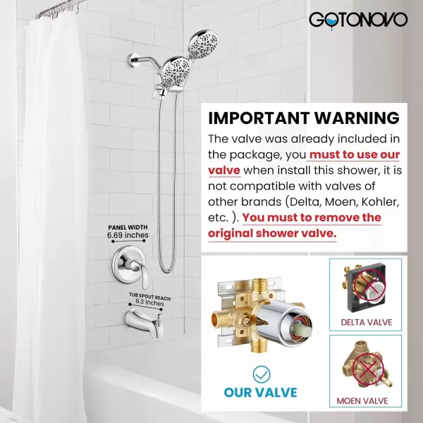 imagegotonovo Tub Shower Faucet Set2 in 1 Dual Shower Head and Handle Set with Tub Spout Wall Mount Bathroom Shower Trim Kit with 3way Water Diverter Valve Included Various Modes Matte BlackPolished Chrome