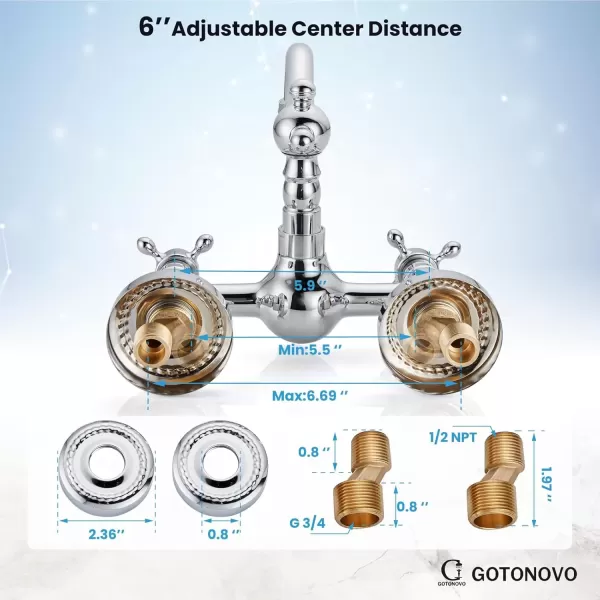 imagegotonovo Wall Mount 6 Inch Center Kitchen ampamp Bathroom Faucet Double Cross Knobs Handle Vintage Mixer Tap 55 Inch Spout Reach Utility Faucet Brushed NickelPolished Chrome