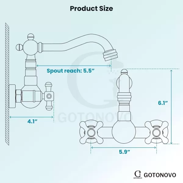 imagegotonovo Wall Mount 6 Inch Center Kitchen ampamp Bathroom Faucet Double Cross Knobs Handle Vintage Mixer Tap 55 Inch Spout Reach Utility Faucet Brushed NickelBrushed Nickel
