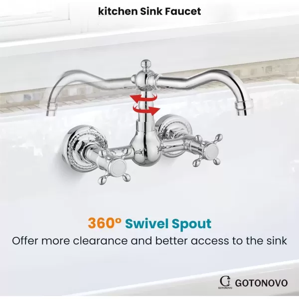 imagegotonovo Wall Mount 6 Inch Center Kitchen ampamp Bathroom Faucet Double Cross Knobs Handle Vintage Mixer Tap 55 Inch Spout Reach Utility Faucet Brushed NickelPolished Chrome