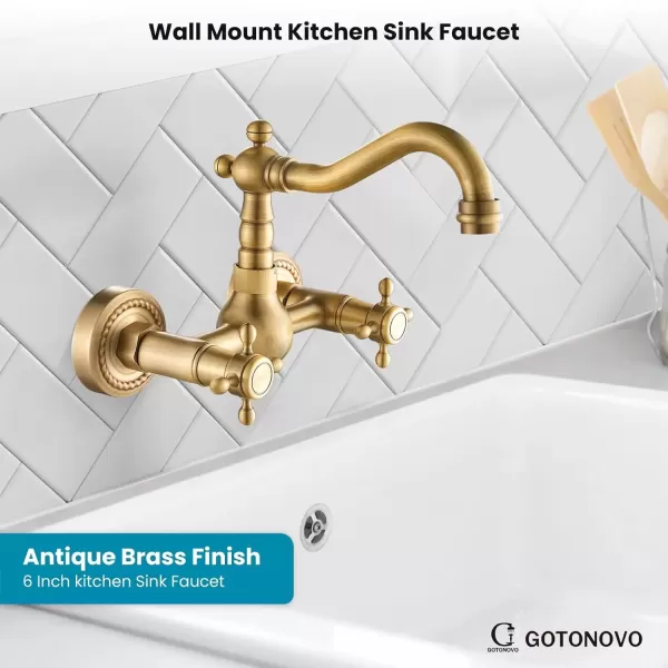 imagegotonovo Wall Mount 6 Inch Center Kitchen ampamp Bathroom Faucet Double Cross Knobs Handle Vintage Mixer Tap 55 Inch Spout Reach Utility Faucet Brushed NickelAntique Brass