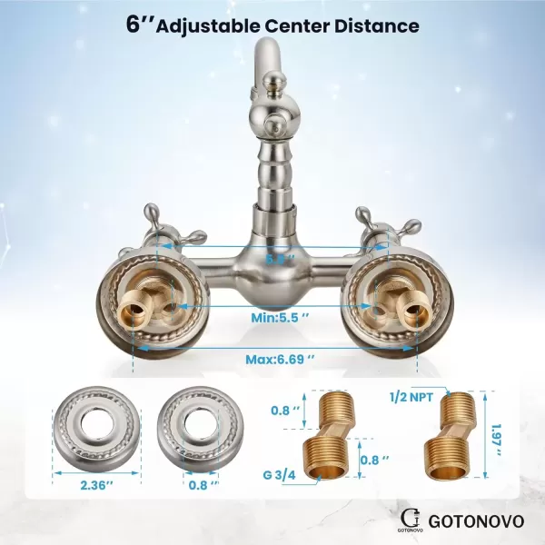 imagegotonovo Wall Mount 6 Inch Center Kitchen ampamp Bathroom Faucet Double Cross Knobs Handle Vintage Mixer Tap 55 Inch Spout Reach Utility Faucet Brushed NickelBrushed Nickel