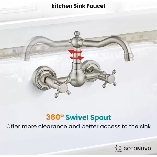 imagegotonovo Wall Mount 6 Inch Center Kitchen ampamp Bathroom Faucet Double Cross Knobs Handle Vintage Mixer Tap 55 Inch Spout Reach Utility Faucet Brushed NickelBrushed Nickel