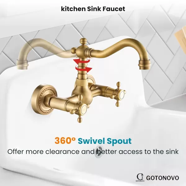 imagegotonovo Wall Mount 6 Inch Center Kitchen ampamp Bathroom Faucet Double Cross Knobs Handle Vintage Mixer Tap 55 Inch Spout Reach Utility Faucet Brushed NickelAntique Brass