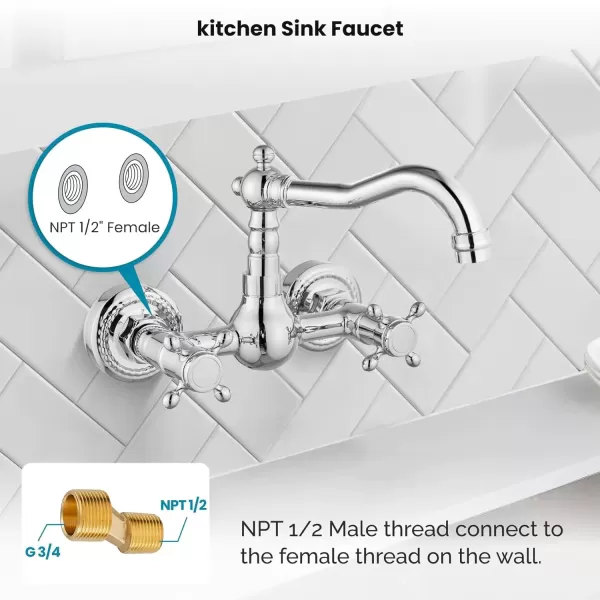 imagegotonovo Wall Mount 6 Inch Center Kitchen ampamp Bathroom Faucet Double Cross Knobs Handle Vintage Mixer Tap 55 Inch Spout Reach Utility Faucet Brushed NickelPolished Chrome