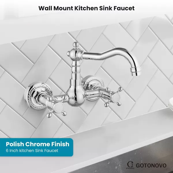 imagegotonovo Wall Mount 6 Inch Center Kitchen ampamp Bathroom Faucet Double Cross Knobs Handle Vintage Mixer Tap 55 Inch Spout Reach Utility Faucet Brushed NickelPolished Chrome