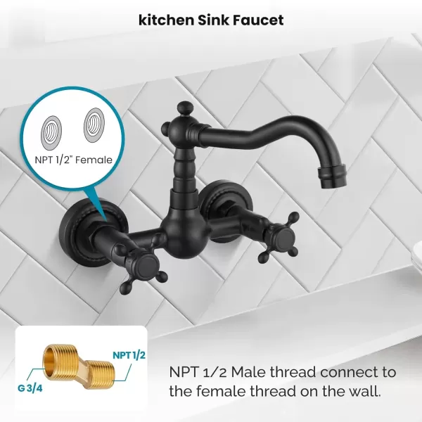 imagegotonovo Wall Mount 6 Inch Center Kitchen ampamp Bathroom Faucet Double Cross Knobs Handle Vintage Mixer Tap 55 Inch Spout Reach Utility Faucet Brushed NickelMatte Black