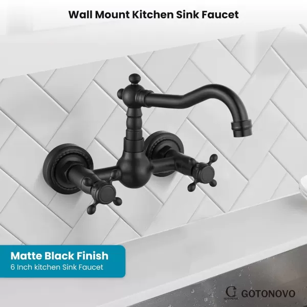 imagegotonovo Wall Mount 6 Inch Center Kitchen ampamp Bathroom Faucet Double Cross Knobs Handle Vintage Mixer Tap 55 Inch Spout Reach Utility Faucet Brushed NickelMatte Black