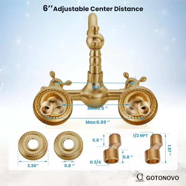imagegotonovo Wall Mount 6 Inch Center Kitchen ampamp Bathroom Faucet Double Cross Knobs Handle Vintage Mixer Tap 55 Inch Spout Reach Utility Faucet Brushed NickelAntique Brass