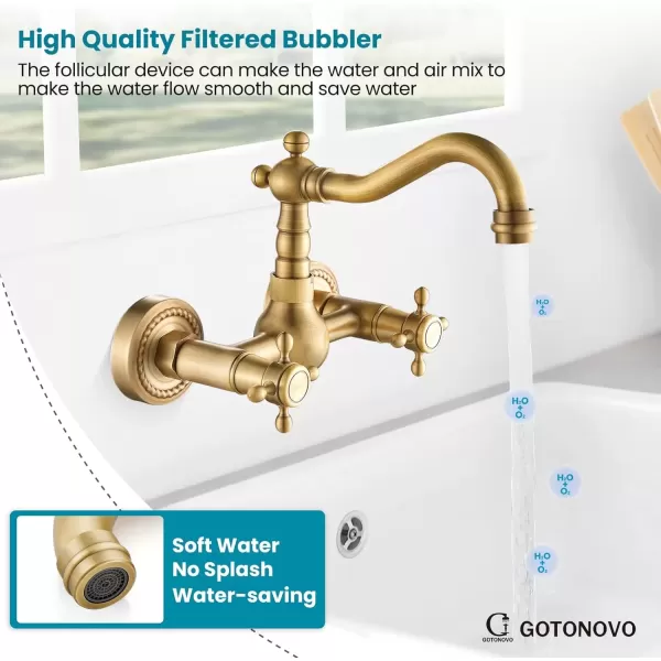 imagegotonovo Wall Mount 6 Inch Center Kitchen ampamp Bathroom Faucet Double Cross Knobs Handle Vintage Mixer Tap 55 Inch Spout Reach Utility Faucet Brushed NickelAntique Brass