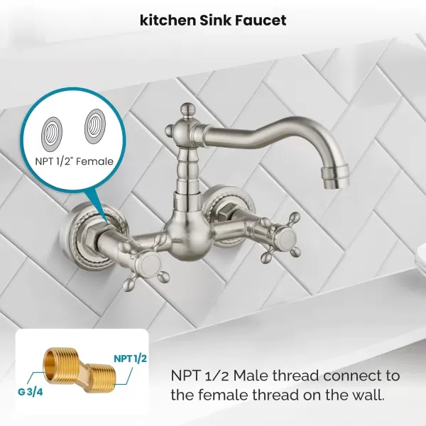 imagegotonovo Wall Mount 6 Inch Center Kitchen ampamp Bathroom Faucet Double Cross Knobs Handle Vintage Mixer Tap 55 Inch Spout Reach Utility Faucet Brushed NickelBrushed Nickel