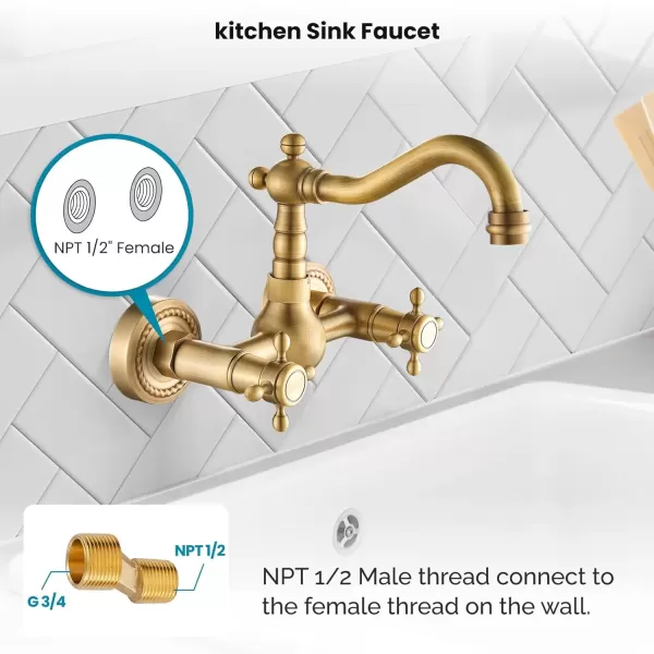 imagegotonovo Wall Mount 6 Inch Center Kitchen ampamp Bathroom Faucet Double Cross Knobs Handle Vintage Mixer Tap 55 Inch Spout Reach Utility Faucet Brushed NickelAntique Brass
