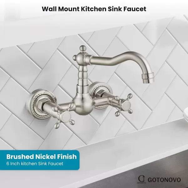 imagegotonovo Wall Mount 6 Inch Center Kitchen ampamp Bathroom Faucet Double Cross Knobs Handle Vintage Mixer Tap 55 Inch Spout Reach Utility Faucet Brushed NickelBrushed Nickel