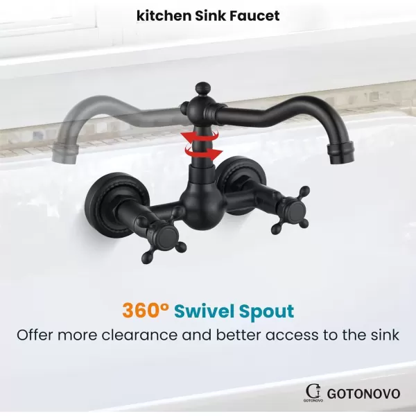 imagegotonovo Wall Mount 6 Inch Center Kitchen ampamp Bathroom Faucet Double Cross Knobs Handle Vintage Mixer Tap 55 Inch Spout Reach Utility Faucet Brushed NickelMatte Black