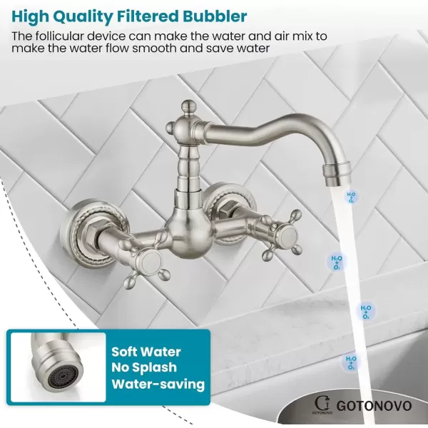 imagegotonovo Wall Mount 6 Inch Center Kitchen ampamp Bathroom Faucet Double Cross Knobs Handle Vintage Mixer Tap 55 Inch Spout Reach Utility Faucet Brushed NickelBrushed Nickel