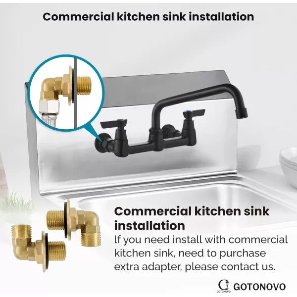 imagegotonovo Wall Mount 8 Inch Center Kitchen Faucet with Adjustable 360 Swivel Spout 2 Handles Restaurant Mixer Utility Tap Commercial Sink Laundry Faucet Matte Black7 Shape Spout