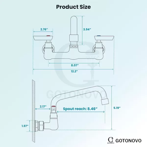 imagegotonovo Wall Mount 8 Inch Center Kitchen Faucet with Adjustable 360 Swivel Spout 2 Handles Restaurant Mixer Utility Tap Commercial Sink Laundry Faucet Matte Black7 Shape Spout