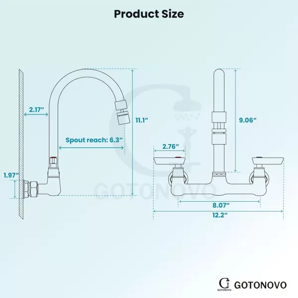 imagegotonovo Wall Mount 8 Inch Center Kitchen Faucet with Adjustable 360 Swivel Spout 2 Handles Restaurant Mixer Utility Tap Commercial Sink Laundry Faucet Brushed NickelArc Shape Spout
